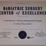 Awards certificate for the bariatric surgery center of excellence.