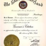 A state of Maryland certificate recognized with a prestigious gold seal.